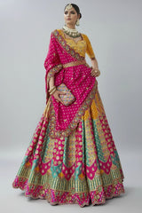 Pink and Mustard Silk Traditional Woven Lehenga with Banarasi Dupatta