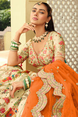 Cream Silk Peacock and Floral Motif Embroidered Lehenga