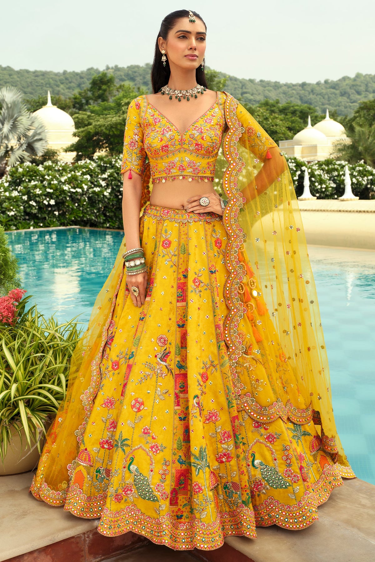 Yellow Silk Peacock and Floral Motif Embroidered Lehenga