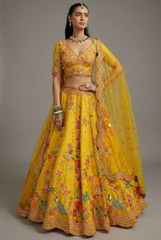 Yellow Silk Peacock and Floral Motif Embroidered Lehenga