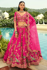 Dark Pink Silk Peacock and Floral Motif Embroidered Lehenga