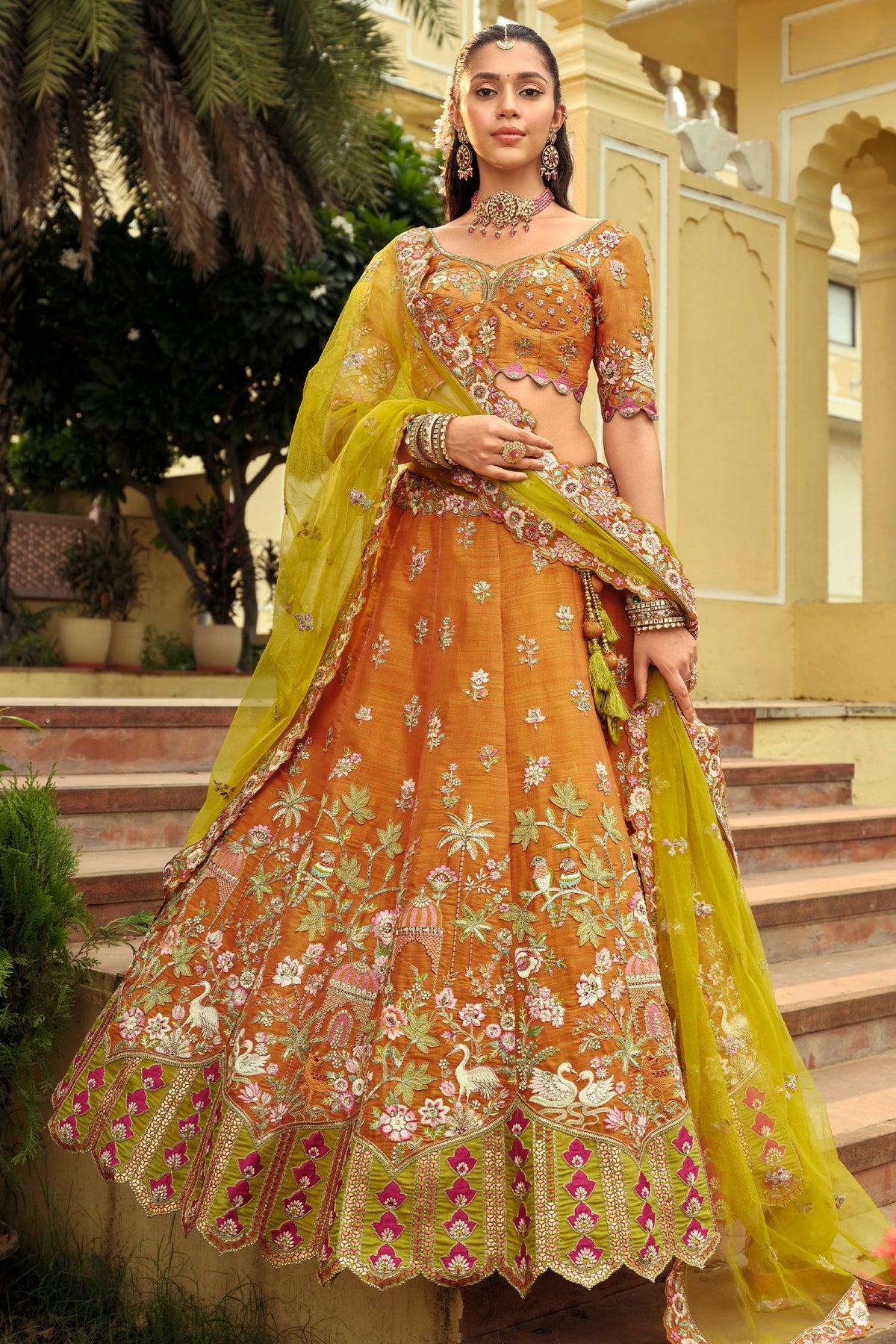 Orange Silk Floral Motif Embroidered Lehenga - red silk saree embroidered