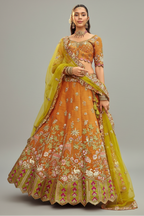 Orange Silk Floral Motif Embroidered Lehenga - red silk saree embroidered