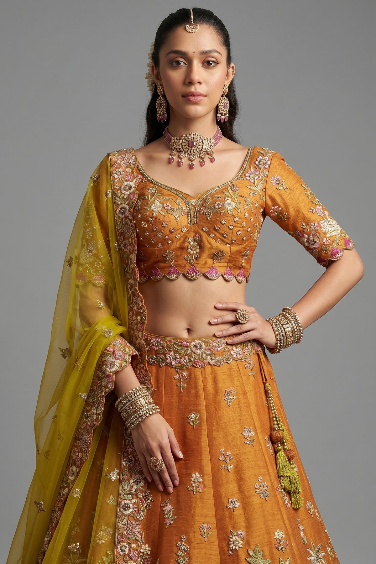 Orange Silk Floral Motif Embroidered Lehenga - red silk saree embroidered