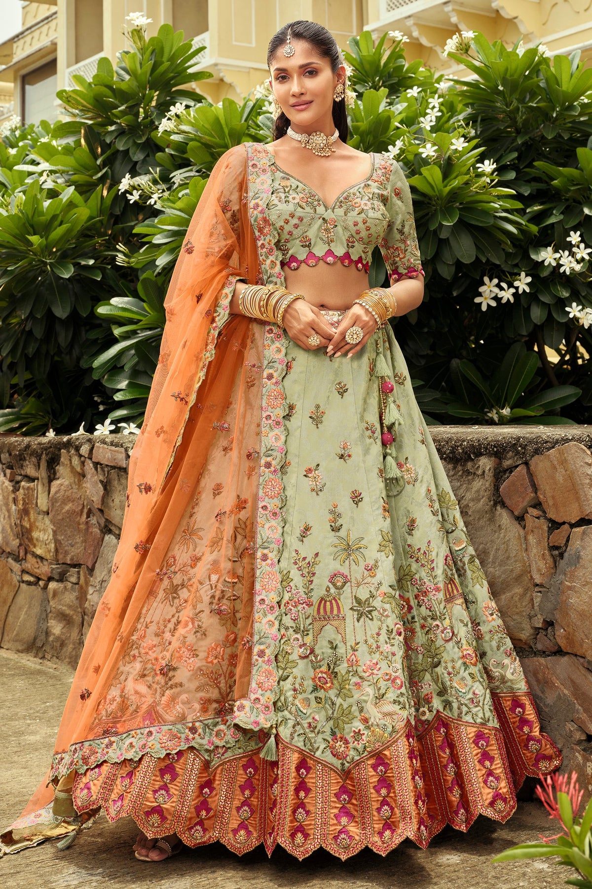 Sage Green Silk Floral Motif Embroidered Lehenga