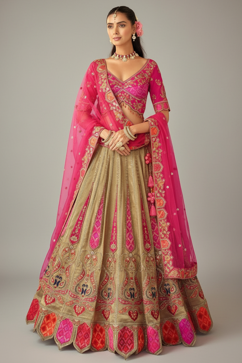 Taupe Silk Traditional Lehenga with Embroidery Work - silk saree embroidery