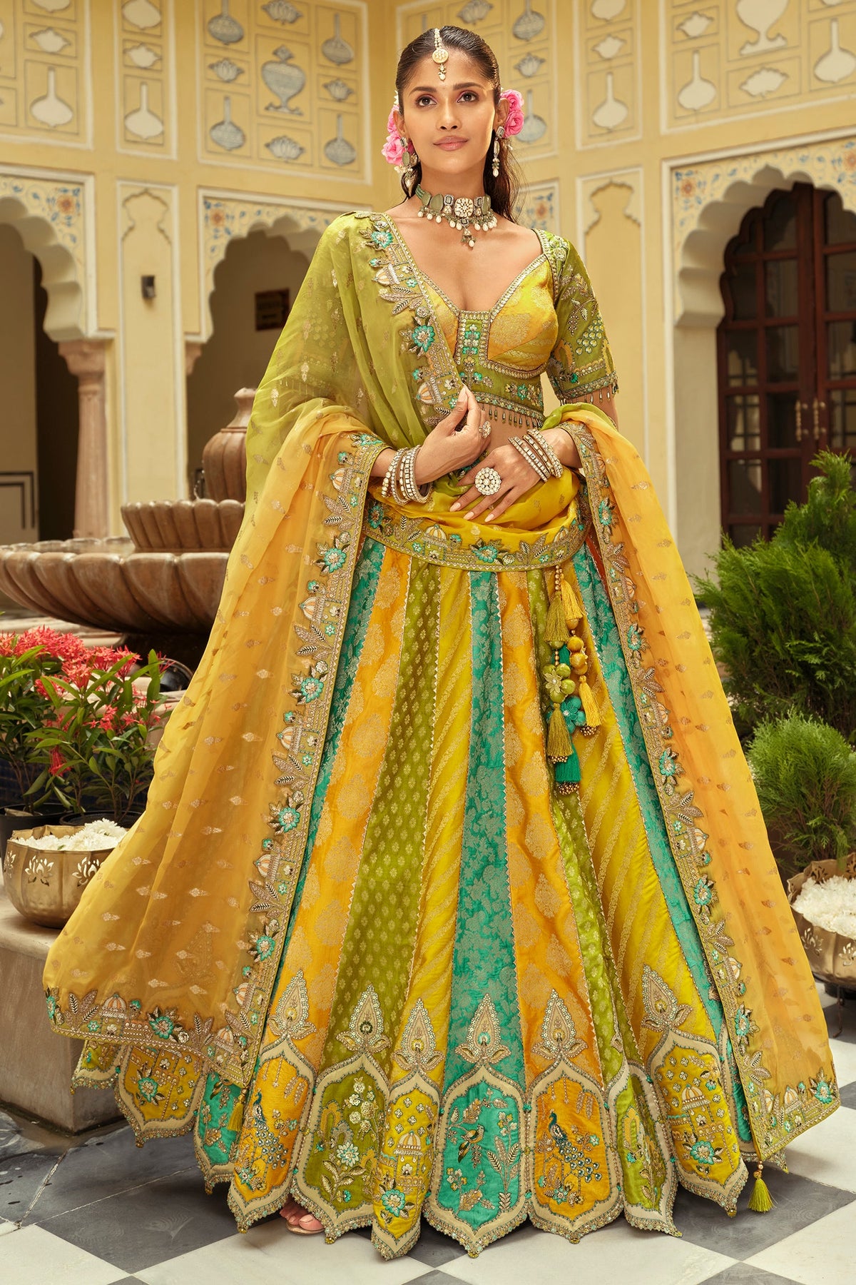 Yellow and Multi Colored Silk Traditional Lehenga with Embroidery Work - red silk saree embroidery