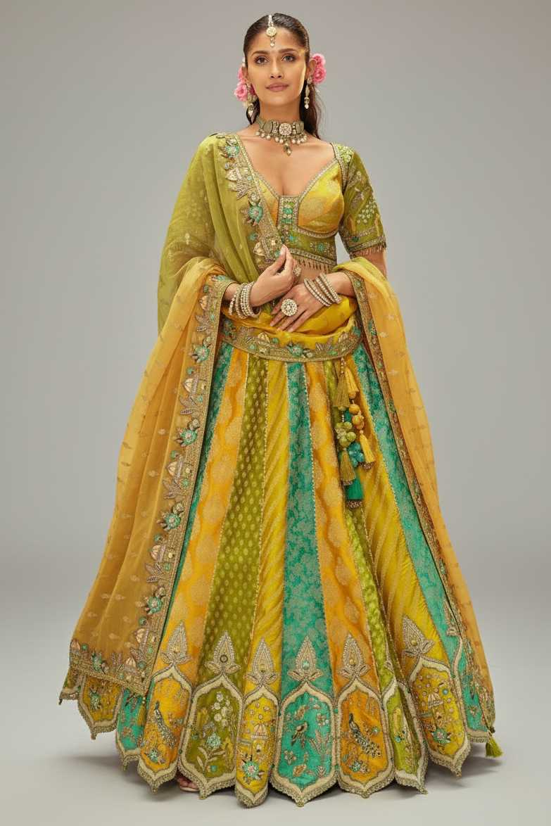 Yellow and Multi Colored Silk Traditional Lehenga with Embroidery Work - red silk saree embroidery Main image