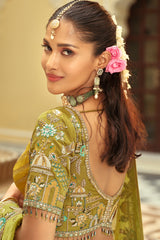 Yellow and Multi Colored Silk Traditional Lehenga with Embroidery Work