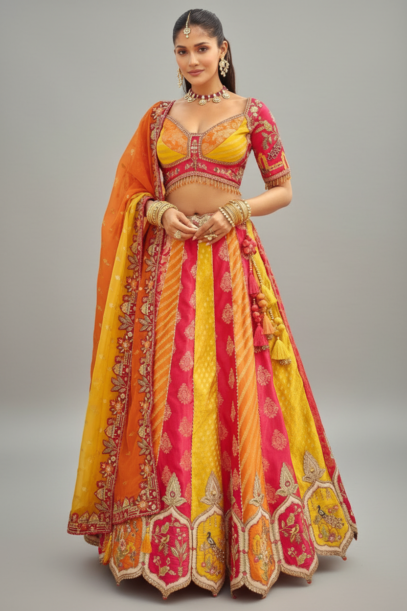 Multi Colored Silk Traditional Lehenga with Embroidery Work - red silk saree embroidery Main image