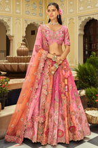 Pink and Peach Silk Traditional Lehenga with Embroidery Work - peach silk saree embroidery