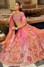 Pink and Peach Silk Traditional Lehenga with Embroidery Work - peach silk saree embroidery