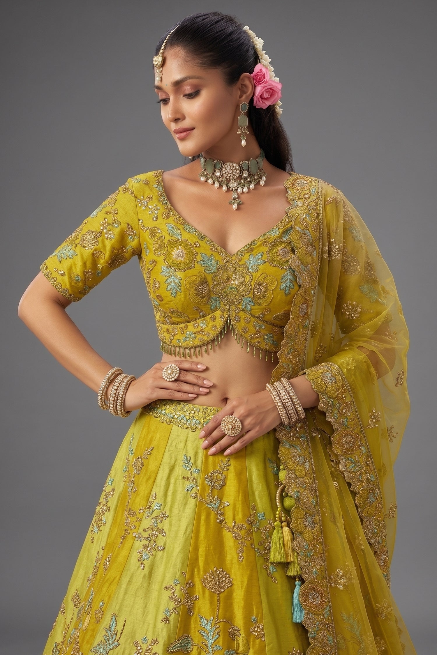 Green and  Yellow Weave Silk Traditional Lehenga with Embroidery Work Secondary image