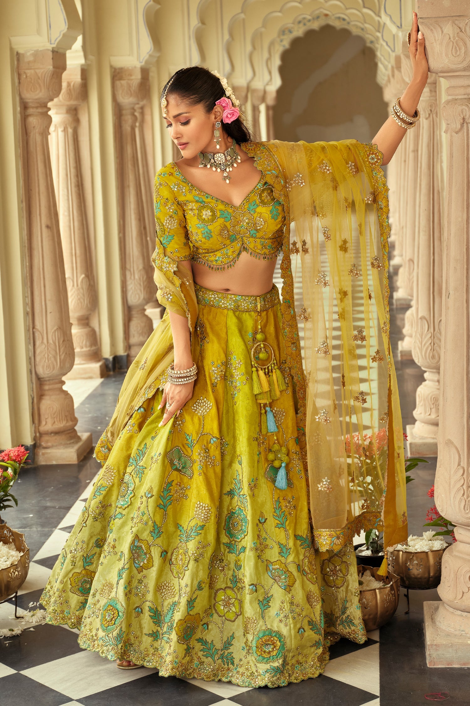 Green and  Yellow Weave Silk Traditional Lehenga with Embroidery Work - green silk saree embroidery
