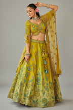 Green and  Yellow Weave Silk Traditional Lehenga with Embroidery Work - green silk saree embroidery