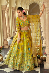 Green and  Yellow Weave Silk Traditional Lehenga with Embroidery Work