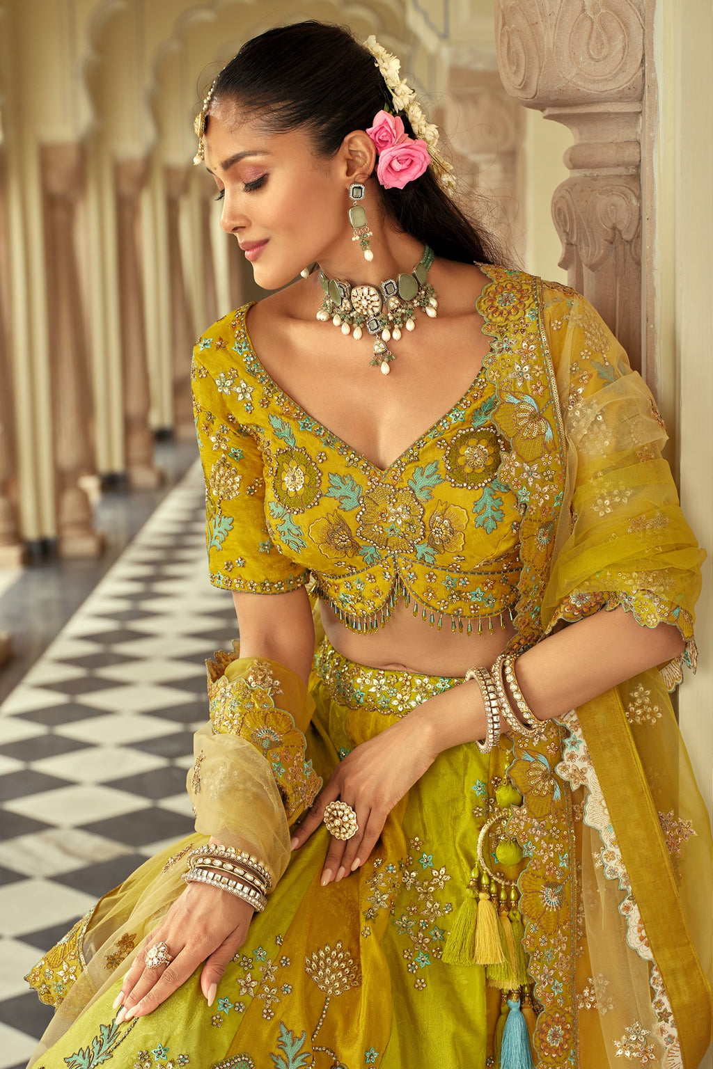 Green and  Yellow Weave Silk Traditional Lehenga with Embroidery Work - green silk saree embroidery