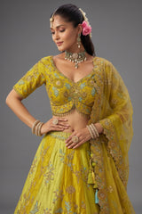 Green and  Yellow Weave Silk Traditional Lehenga with Embroidery Work