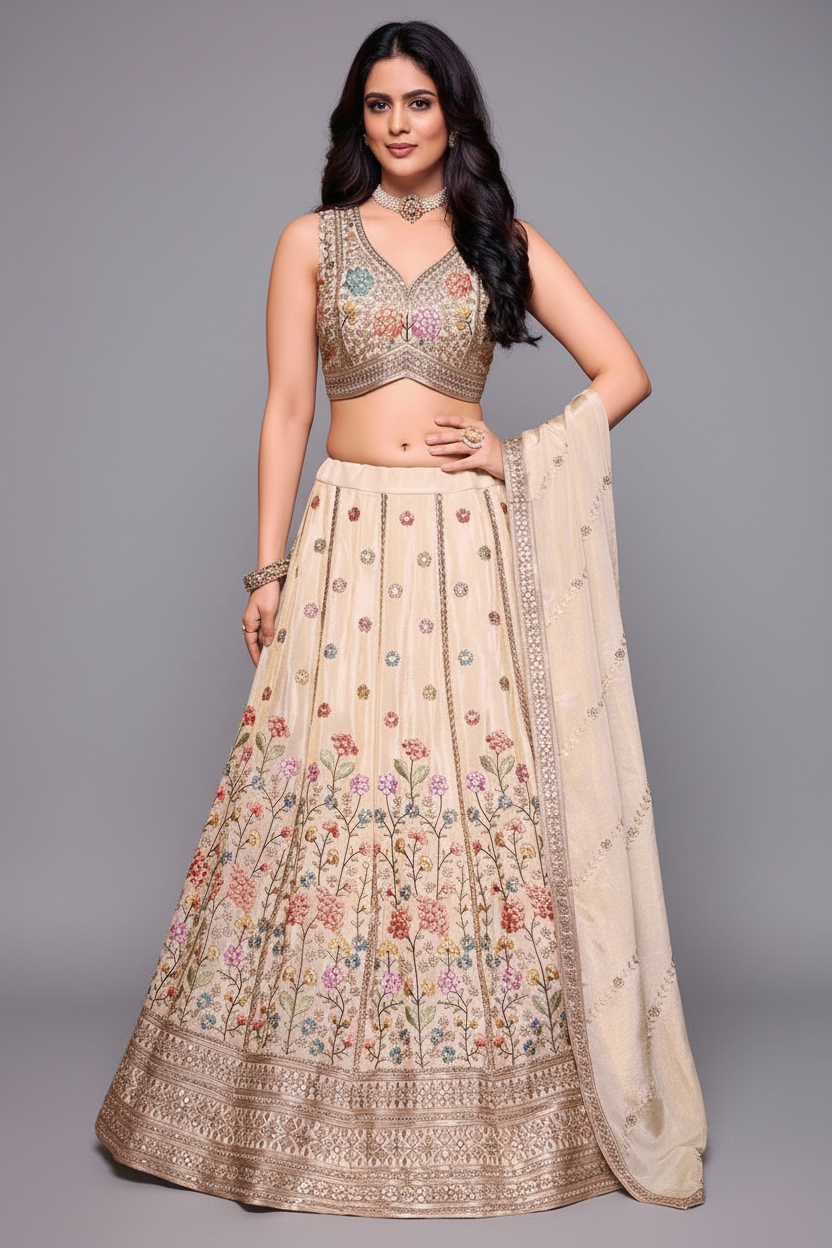 Cream Tissue Floral Embroidered Lehenga - red saree embroidered