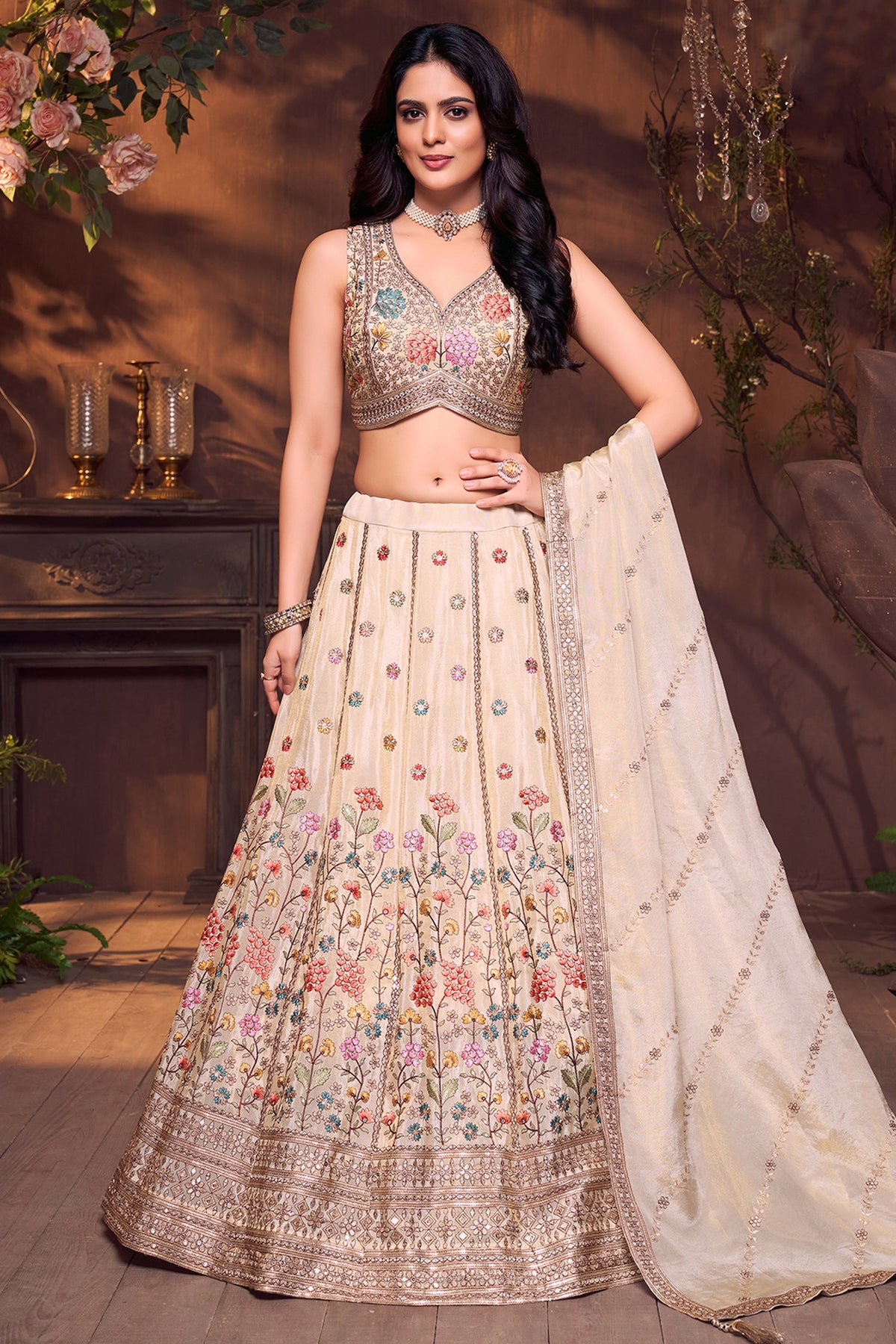 Cream Tissue Floral Embroidered Lehenga