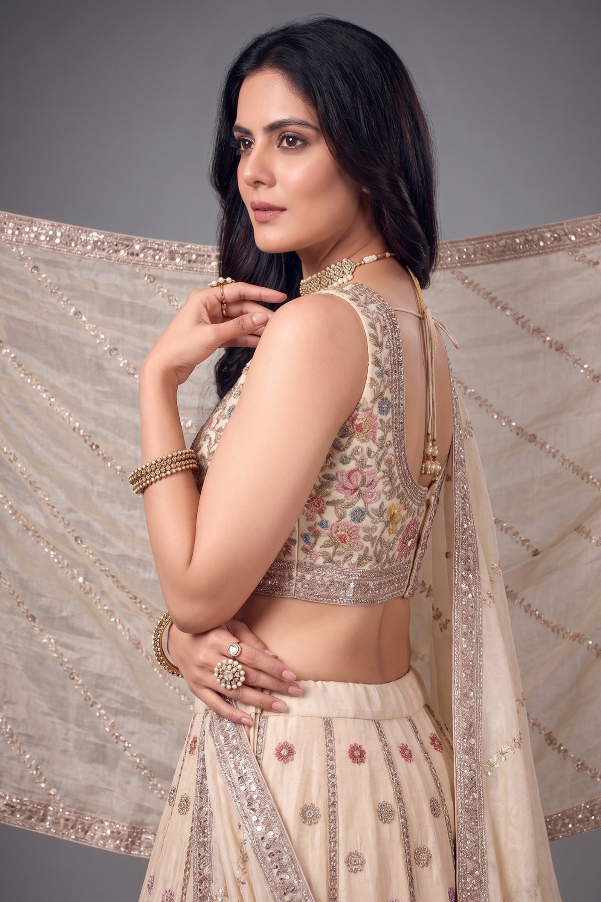 Cream Tissue Floral Embroidered Lehenga - red saree embroidered
