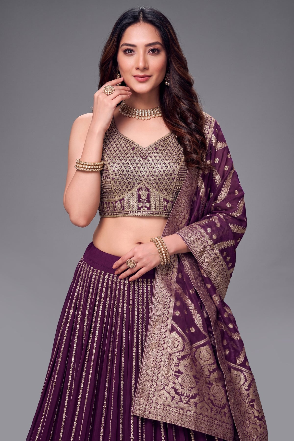 Wine Purple Chinon Sequinned Lehenga - purple saree