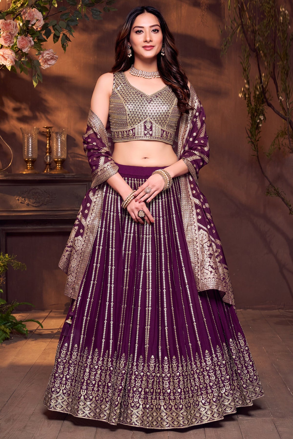 Wine Purple Chinon Sequinned Lehenga - purple saree