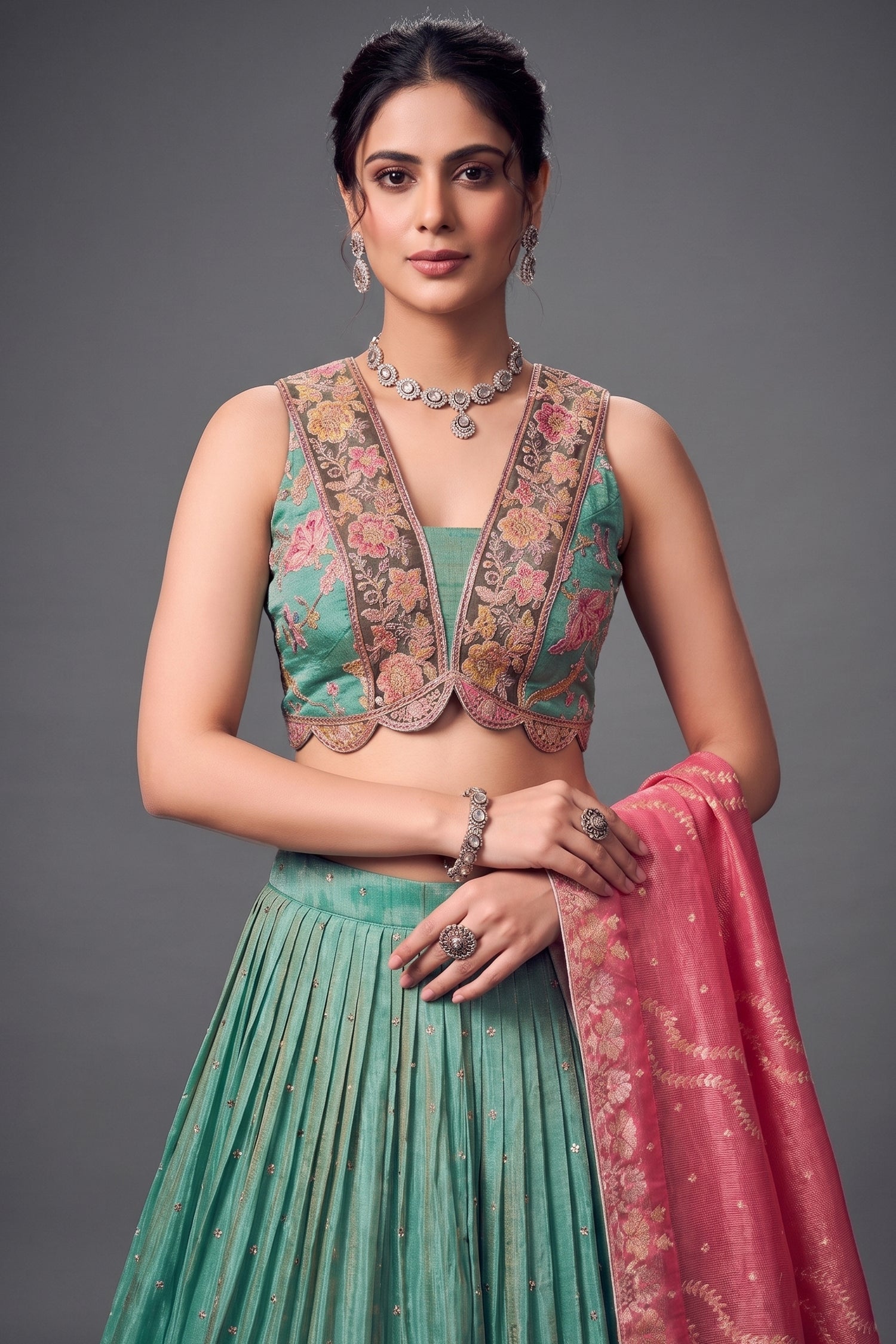 Sea Green Chinon Floral Printed Lehenga with Sequin Work Secondary image