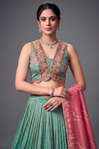 Sea Green Chinon Floral Printed Lehenga with Sequin Work - green saree