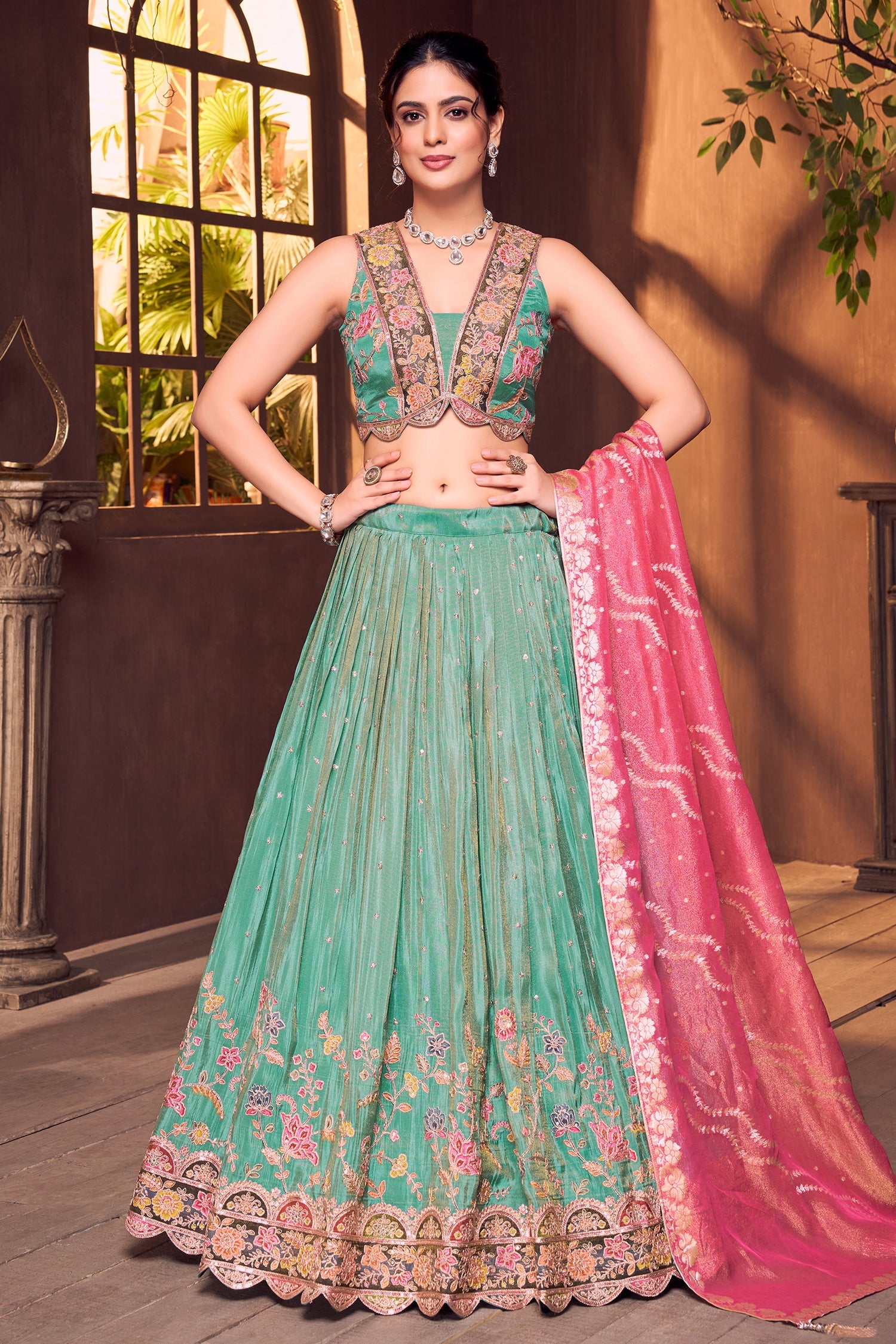 Sea Green Chinon Floral Printed Lehenga with Sequin Work - green saree