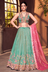 Sea Green Chinon Floral Printed Lehenga with Sequin Work - green saree