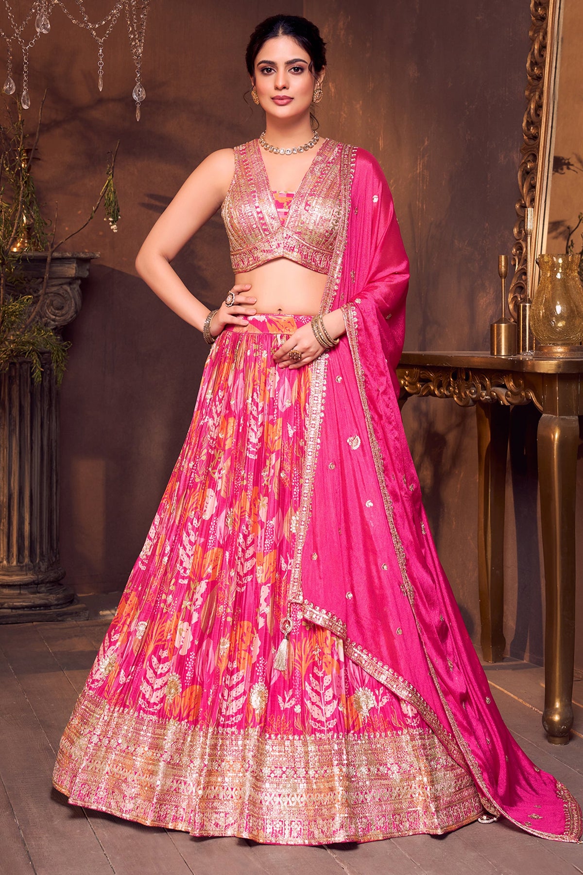Pink Crepe Chinon Floral Printed Lehenga with Sequin Work - pink crepe saree