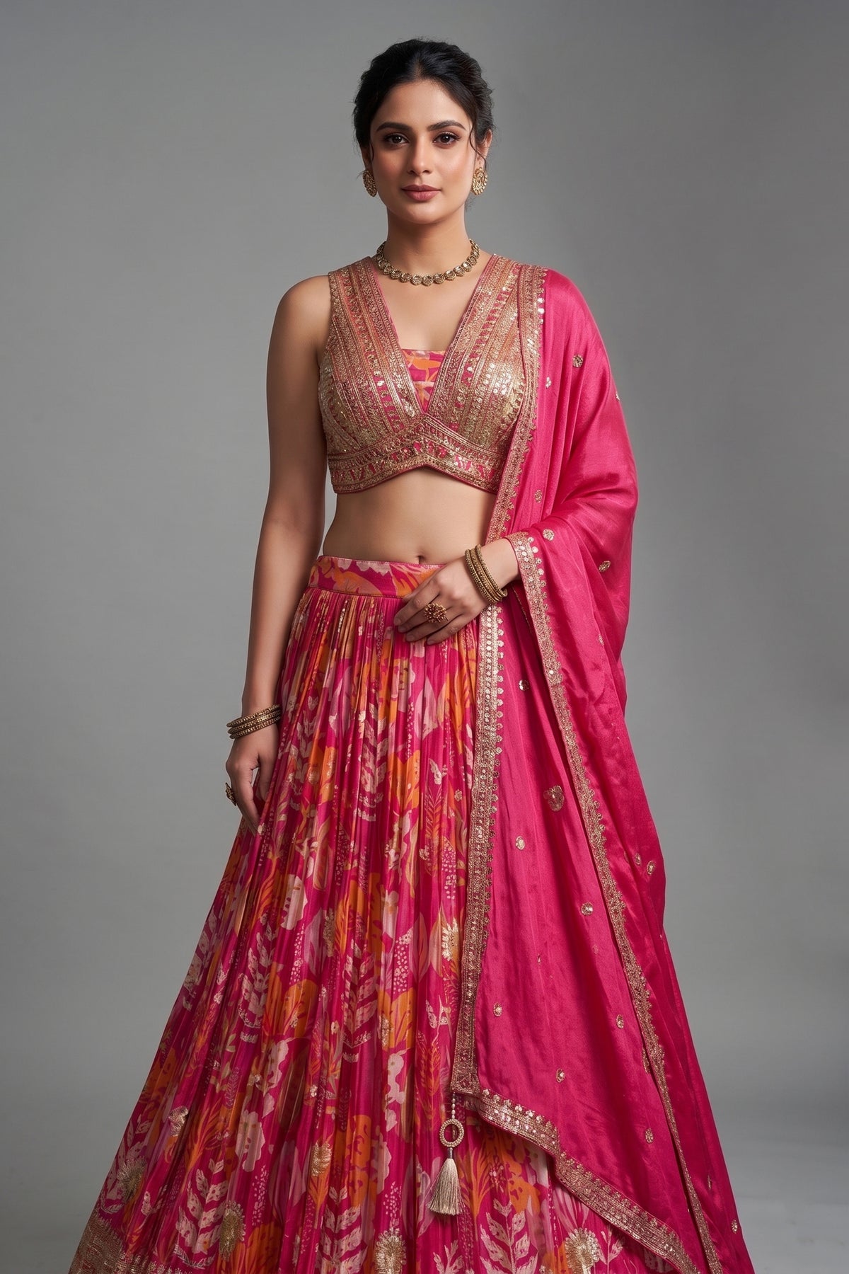 Pink Crepe Chinon Floral Printed Lehenga with Sequin Work - pink crepe saree