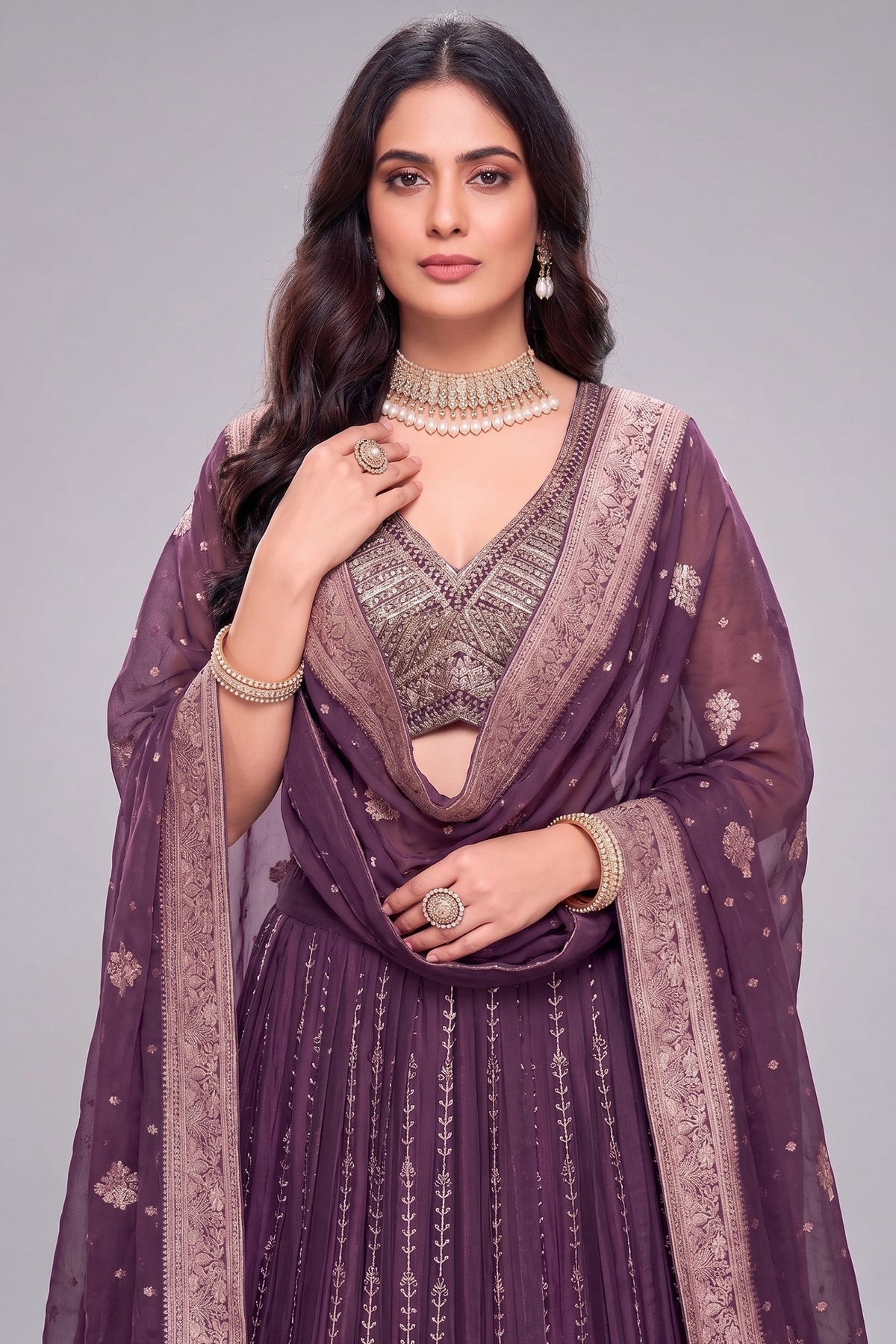 Purple Chinon Silk Sequin Embroidered Lehenga