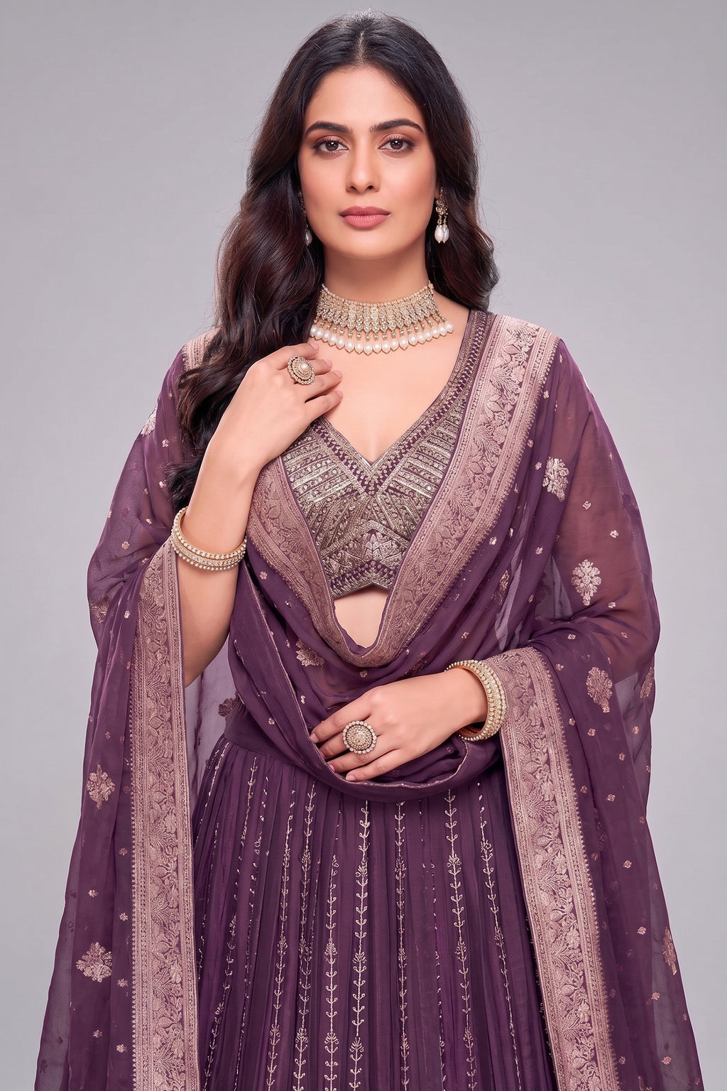 Purple Chinon Silk Sequin Embroidered Lehenga