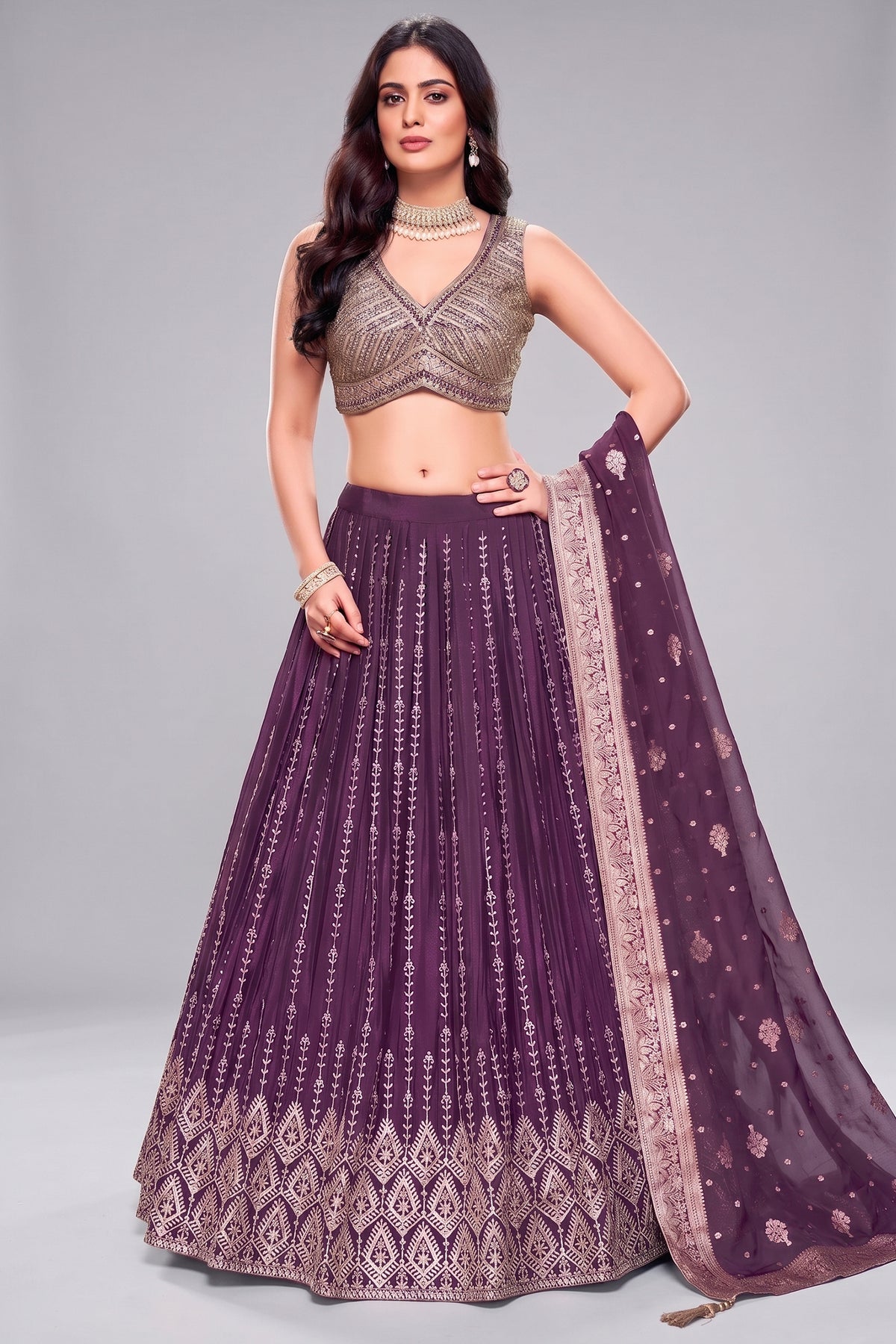 Purple Chinon Silk Sequin Embroidered Lehenga