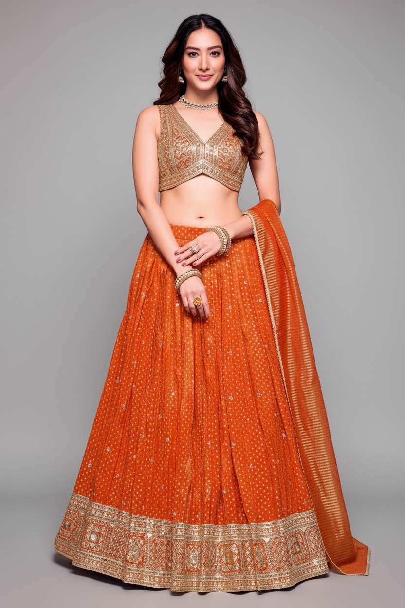 Orange Tissue Silk Woven Butti Lehenga with Sequin Embroidered Work - red silk saree embroidered