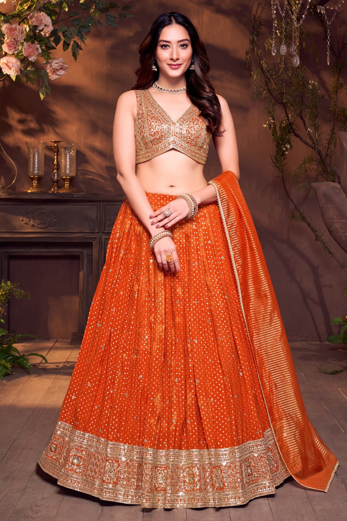 Orange Tissue Silk Woven Butti Lehenga with Sequin Embroidered Work