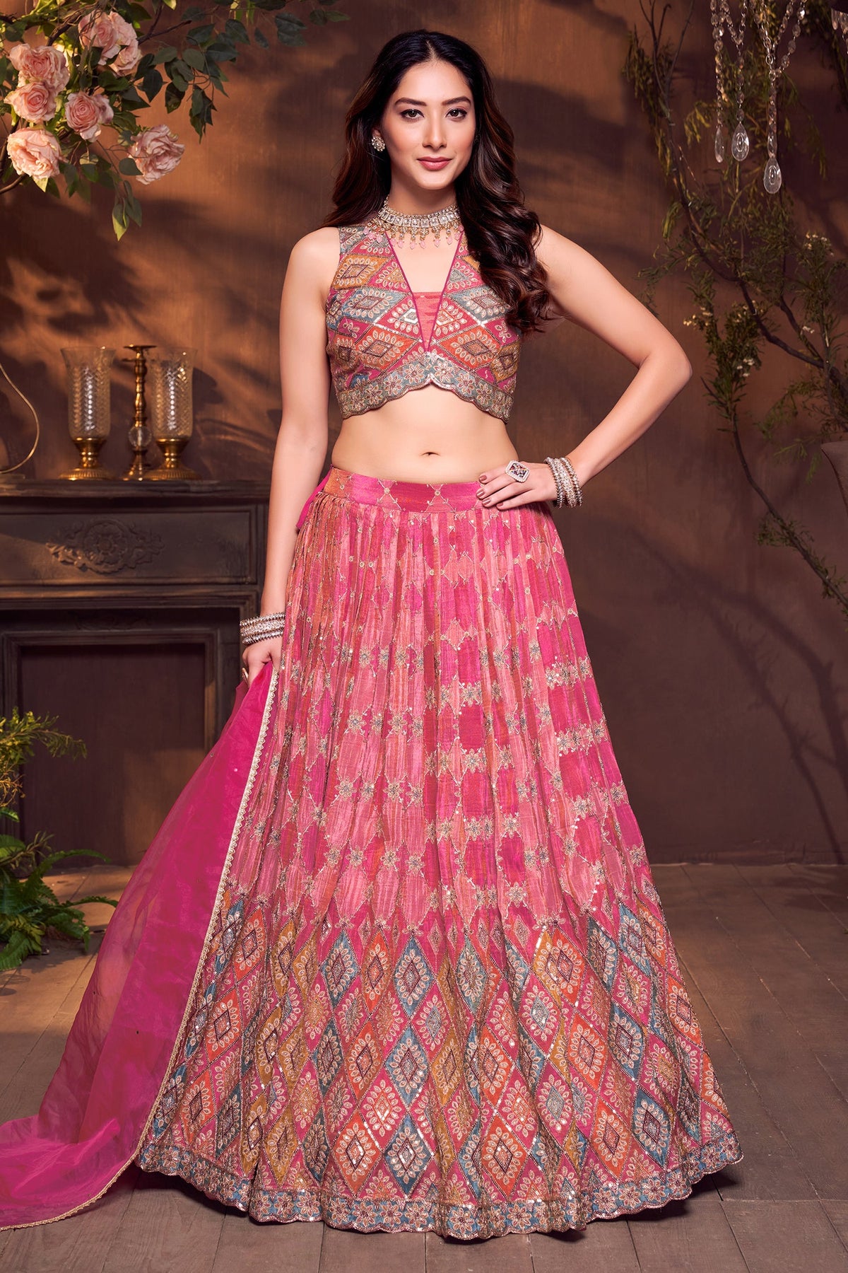 Pink Ombre and Multi Colored Chinon Silk Printed Lehenga with Sequin Embroidery Work - red silk saree embroidery