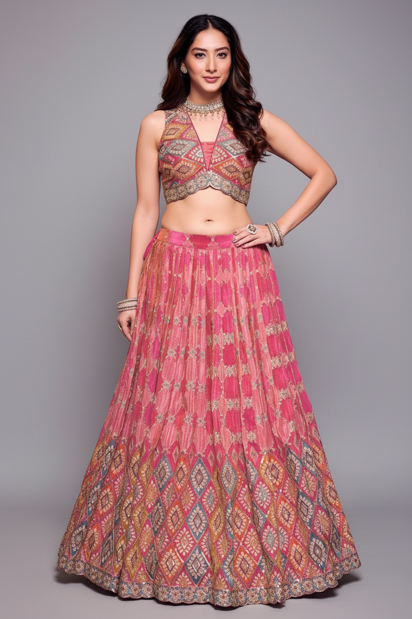 Pink Ombre and Multi Colored Chinon Silk Printed Lehenga with Sequin Embroidery Work - red silk saree embroidery Main image