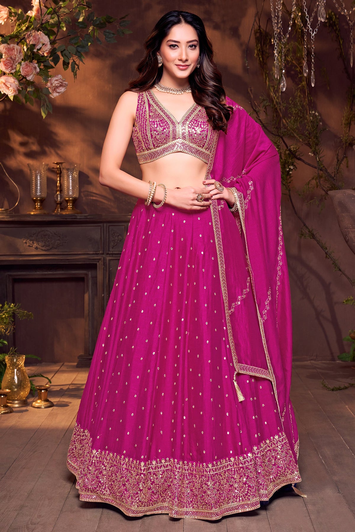 Deep Rani Pink Art Silk Sequin and Embroidered Work Lehenga - red silk saree embroidered
