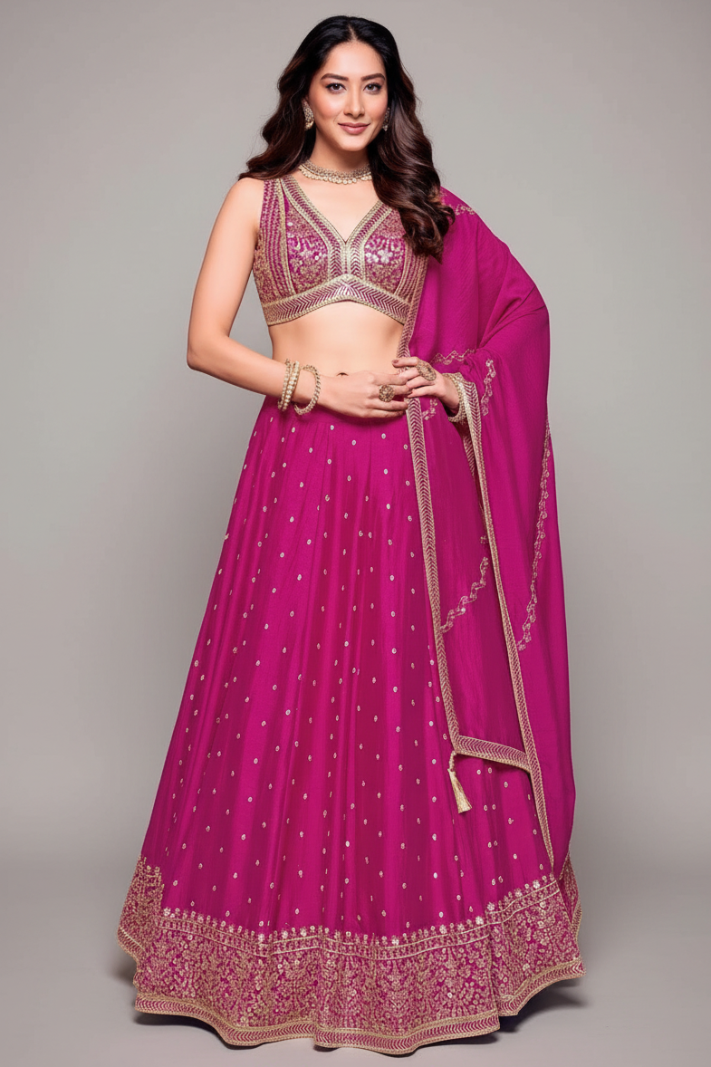 Deep Rani Pink Art Silk Sequin and Embroidered Work Lehenga - red silk saree embroidered
