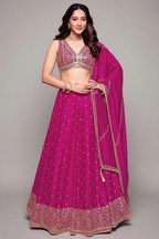 Deep Rani Pink Art Silk Sequin and Embroidered Work Lehenga - red silk saree embroidered