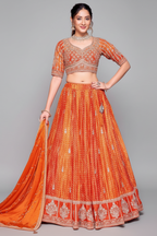 Orange Chinon Crepe Silk Bandhej Print Lehenga with Sequin Embroidery Work - orange silk saree bandhej