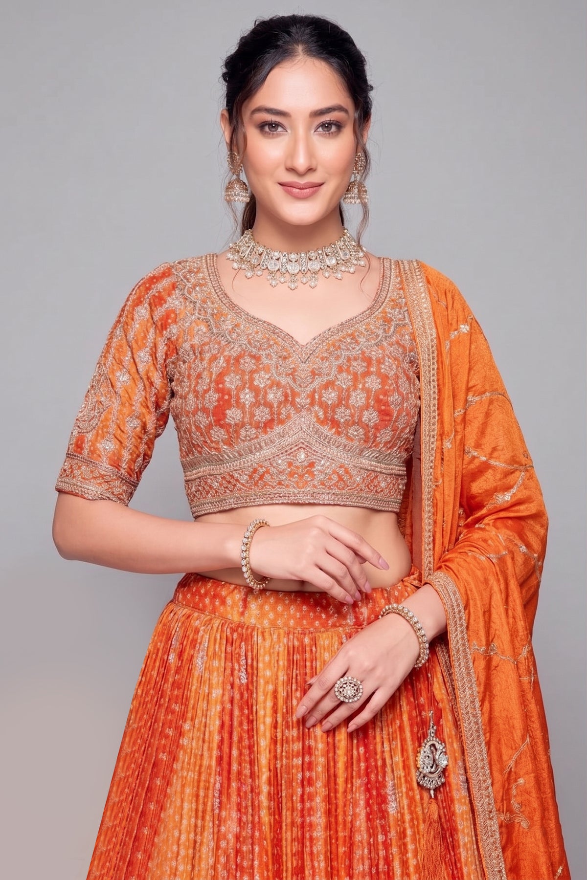 Orange Chinon Crepe Silk Bandhej Print Lehenga with Sequin Embroidery Work - orange silk saree bandhej