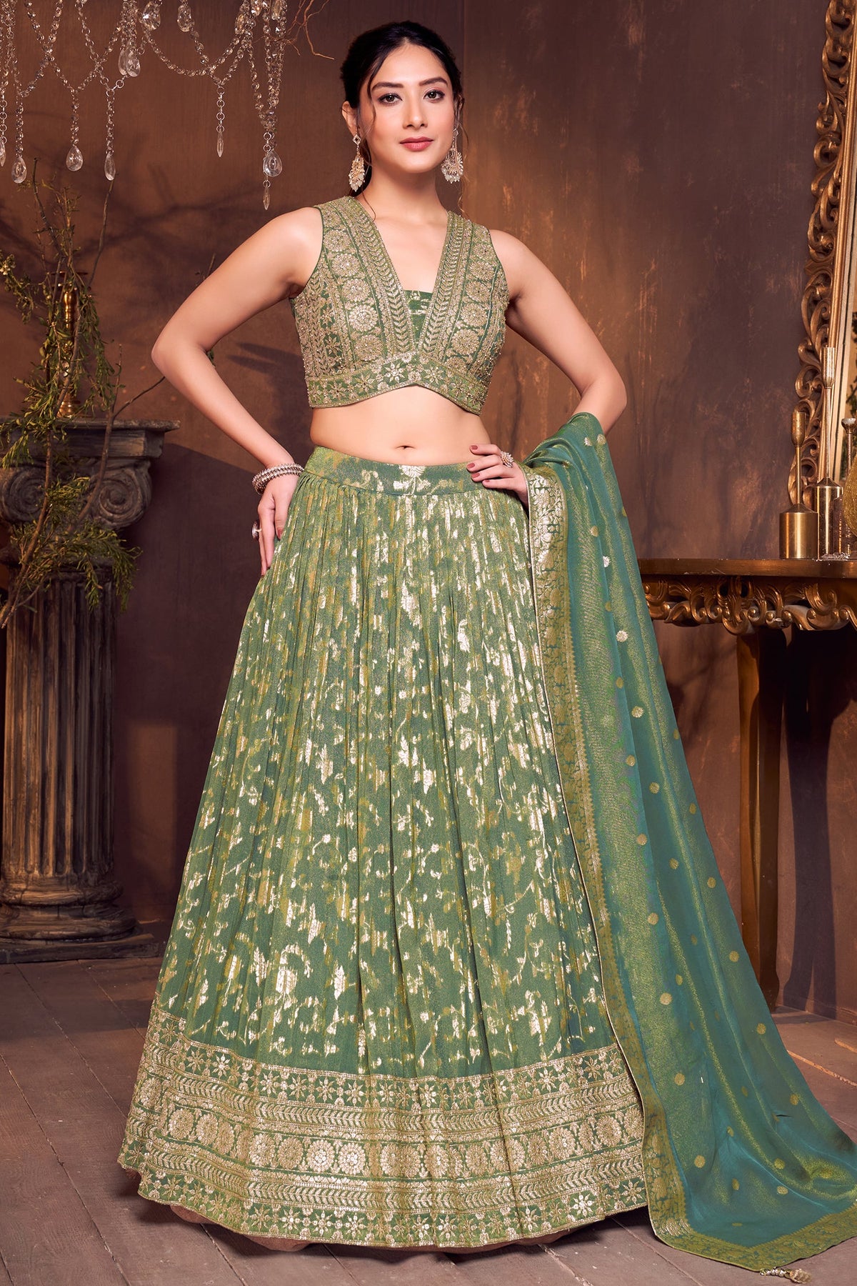 Green Tissue Floral Woven Jaal Lehenga with Sequin Embroidery Work - green saree embroidery