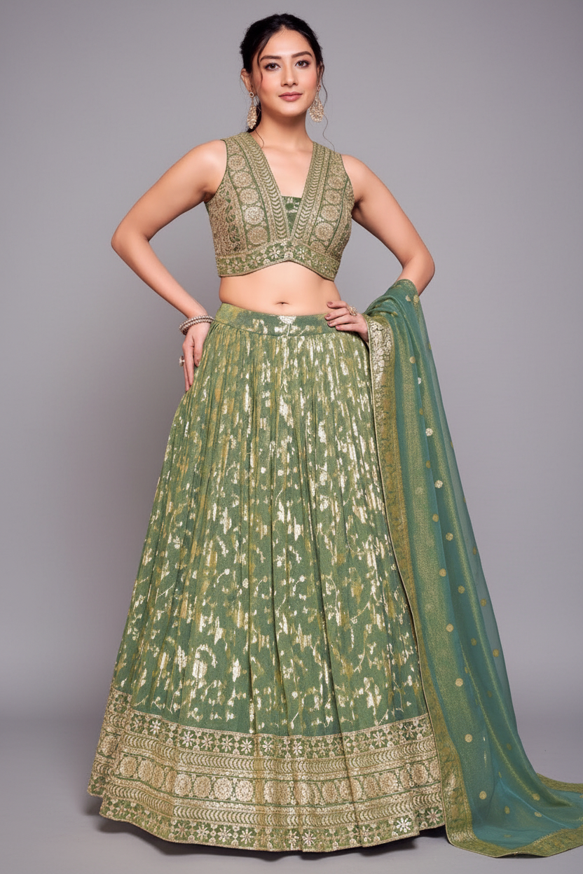 Green Tissue Floral Woven Jaal Lehenga with Sequin Embroidery Work - green saree embroidery Main image