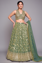 Green Tissue Floral Woven Jaal Lehenga with Sequin Embroidery Work - green saree embroidery