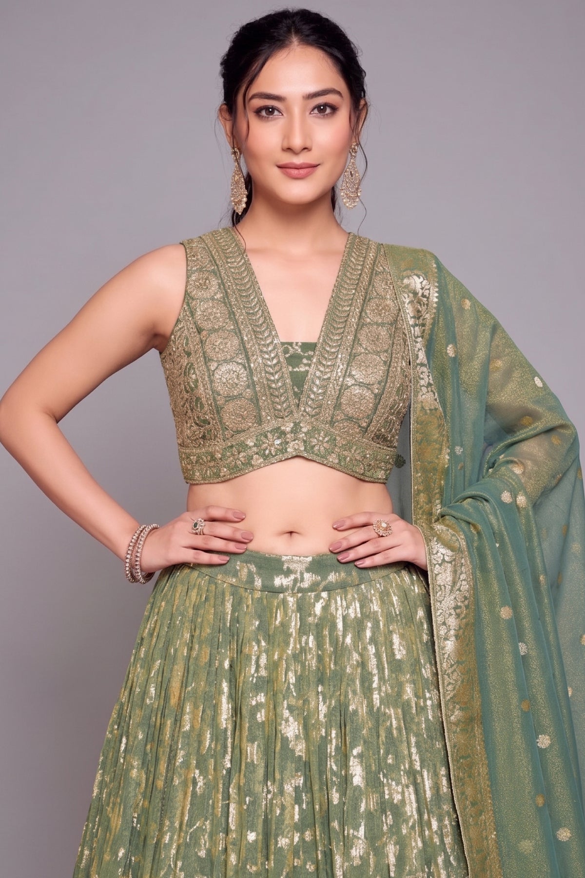 Green Tissue Floral Woven Jaal Lehenga with Sequin Embroidery Work - green saree embroidery