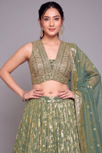 Green Tissue Floral Woven Jaal Lehenga with Sequin Embroidery Work - green saree embroidery